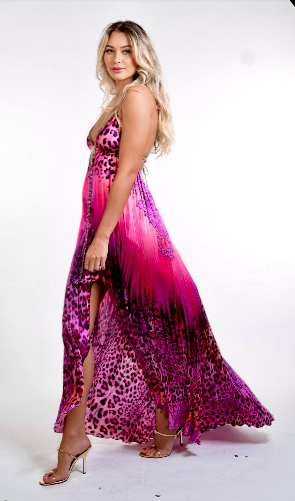 Halter open back long dress with medallion