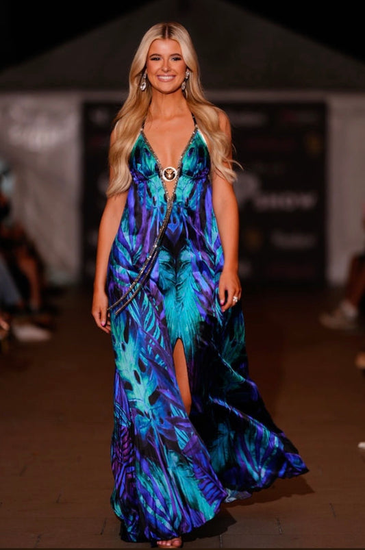 Halter open back long dress with medallion