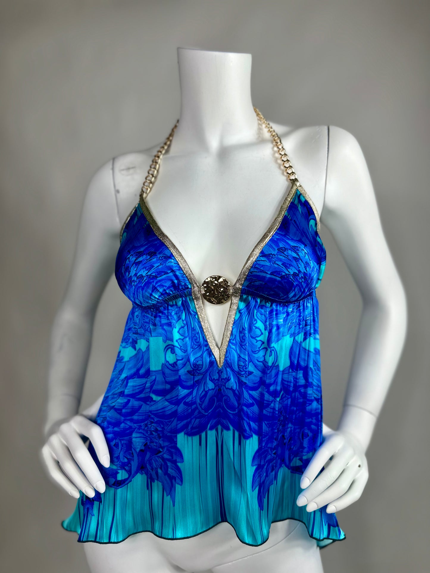 Silk Open Back Halter Top with Medallion