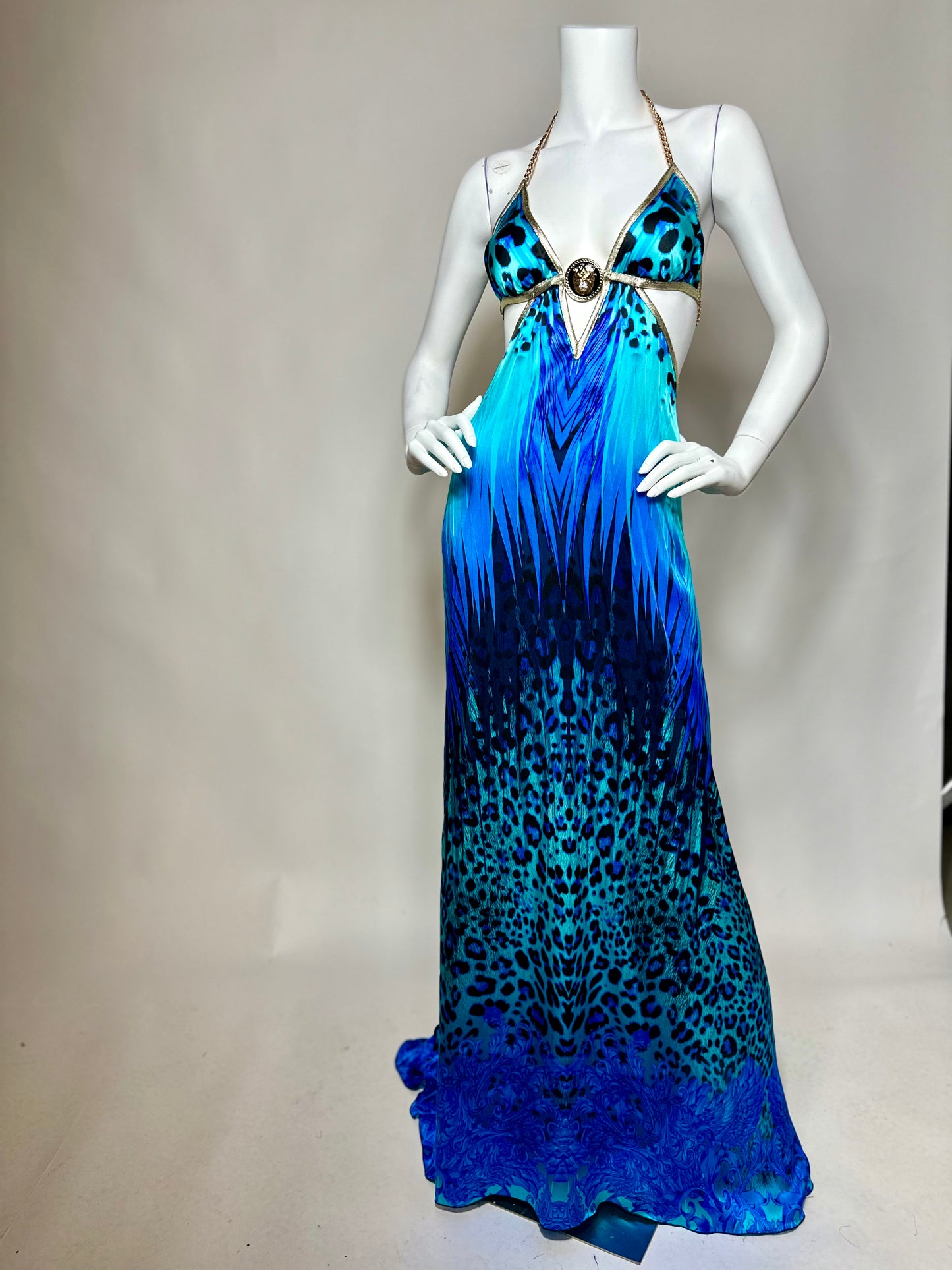 Halter open back cut out long dress with medallion