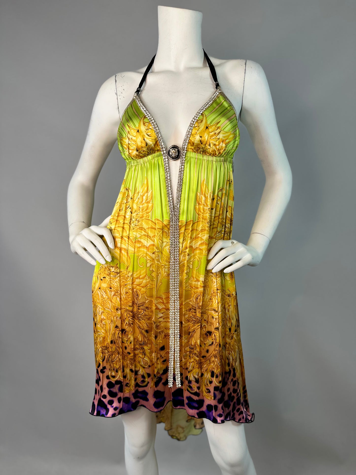 Halter open back short dress with medallion