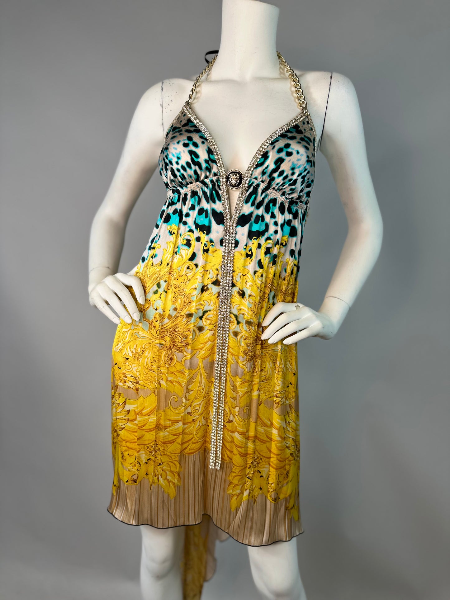 Halter open back short dress with medallion
